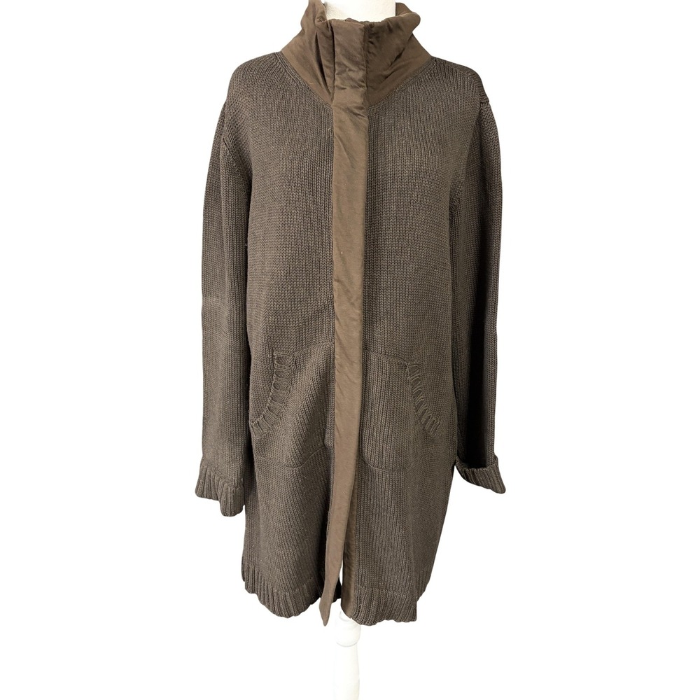 Eileen Fisher Cardigan Womens L Brown Organic Cotton Longline Full Zip Knit
